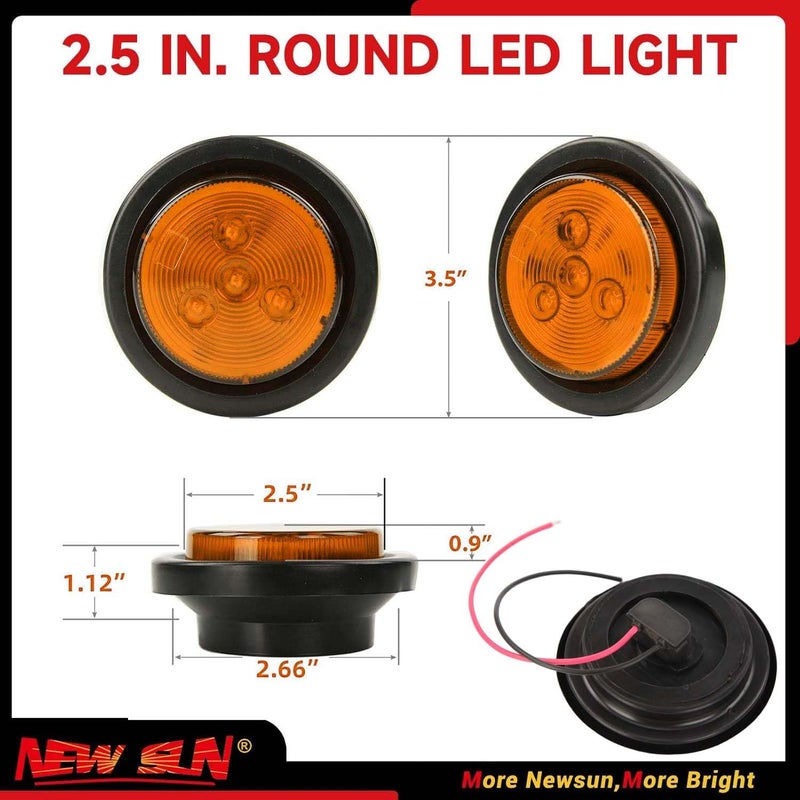 NEW SUN Twins 2.5" Round LED Trailer Marker Lights - LED Trailer Side Marker Light, Amber Clearance Lights For Truck, Rv, 4 Diodes 12V Waterproof, Super Bright - Image 2